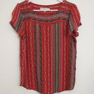 LOFT Red and Black Blouse Short Split Sleeves Size M Like New